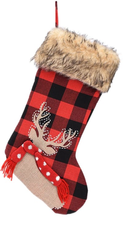 QTTVBTNA - 1 stuk Kersthangertjes - Rode Geruite Kerststockings met Hert & Rendier - Gezellige Sinterklaas Sokken voor Snoep en Cadeautjes - Feestelijke Kerstdecoratie voor aan de Schoorsteenmantel - Rood