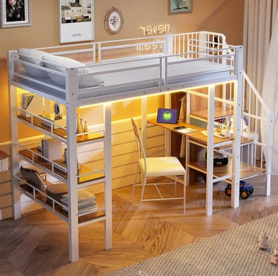 COVREO Hoogslaper met bureau – 90x200 cm – Bed met opbergruimte – Metaal met LED – Wit - zonder matras