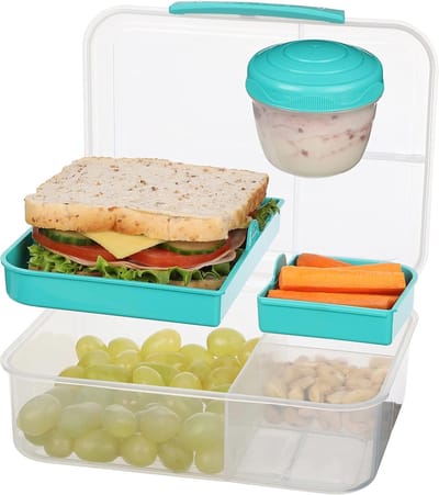 Famanu - Bento-lunch, 1,65 liter, broodtrommel voor school, met vakken en snackpan, BPA-vrij, 1 stuk, Minty Teal