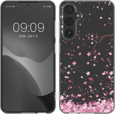 kwmobile telefoonhoesje geschikt voor Samsung Galaxy S23 FE - Hoesje voor smartphone in poederroze / donkerbruin / transparant - Kersenbloesembladeren design
