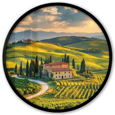 Poster in lijst Rond - Fotolijst 40x40 cm - Posters - Toscane - Landschap - Wijngaarden - Ronde posterlijst zwart - Decoratie - Wanddecoratie woonkamer - Muurdecoratie slaapkamer