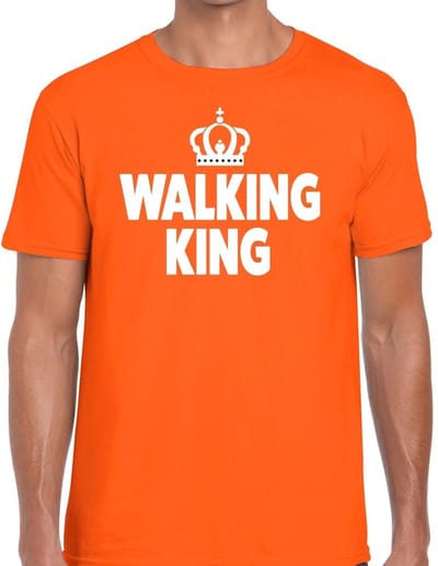 Walking King t-shirt oranje heren - feest shirts heren - wandel/avondvierdaagse kleding S