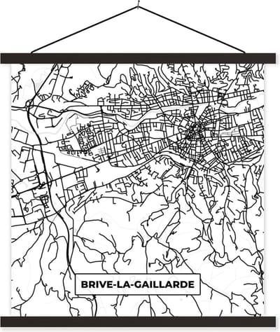 Posterhanger incl. Poster 60x60 cm - Schoolplaat - Stadskaart - Plattegrond - Brive-la-Gaillarde - Kaart - Frankrijk - Zwart wit - Textielposter - Zwarte latten - Stadskaart