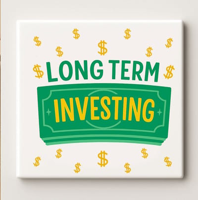 Long Term Investing Keramische Tegel 15x15 cm – Grappig Geld Ontwerp met Dollar Tekens – Motiverende Wanddecoratie & Perfect Cadeau voor Investeerders