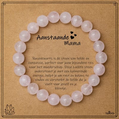 Bixorp Rozenkwarts Armband op Cadeau Kaartje - Aanstaande Mama - 8mm / 18cm Edelsteen Kralenarmband - Inclusief Cadeau Envelop