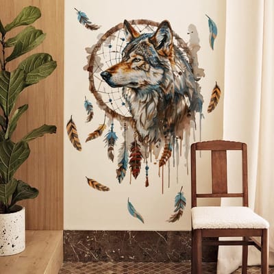 Dailygoods- Muursticker Wolf Droomvanger - Muurdecoratie Slaapkamer - Muurstickers Kinderkamer - Peel and Stick - Vinyl Muurstickers - Verwijderbaar - Wanddecoratie