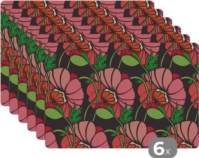 Placemat - Placemats kunststof - Bloemen - Natuur - Roze - Patroon - 45x30 cm - 6 stuks - Hittebestendig - Anti-Slip - Onderlegger - Afneembaar