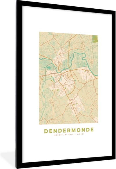 Fotolijst incl. Poster - Plattegrond - Kaart - Dendermonde - Vintage - Stadskaart - 80x120 cm - Posterlijst