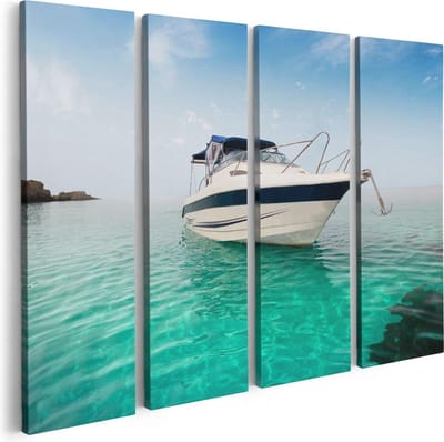 Artaza Canvas Schilderij Vierluik Motorboot aan het Strand met Blauw Water - 80x60 - Foto Op Canvas - Canvas Print