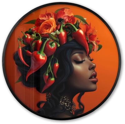 Poster in lijst Rond - Fotolijst 60x60 cm - Posters - Vrouw - Chilipepers - Pepers - Bloemen - Ronde posterlijst zwart - Decoratie - Wanddecoratie woonkamer - Muurdecoratie slaapkamer