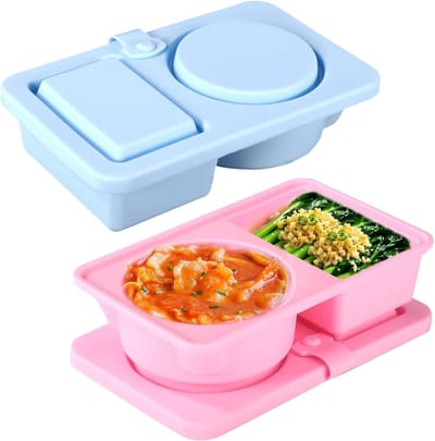 2 Stuks Herbruikbare Siliconen Snackbakjes, Snackbakjes met Twee Compartimenten en Deksel Geschikt voor Fruit Brood Koekjes Jam Yoghurt Salade (Blauw, Roze)