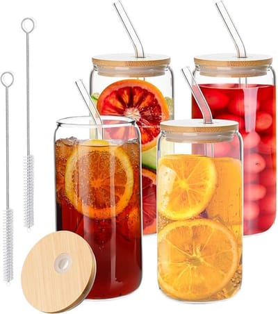 carmdering - Glazen Drinkbekers Set - 4 Stuks - 500ml - Met Bamboe Deksel & Rietje - BPA-vrij