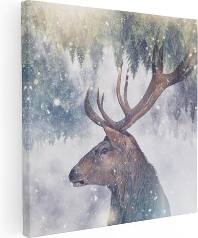 Artaza Canvas Schilderij Hert - 80x80 cm - Wanddecoratie Hertenkop Met Gewei - Muurdecoratie Winterlandschap - Schilderijen Op Canvas