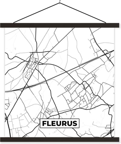 Posterhanger incl. Poster 60x60 cm - Schoolplaat - België – Fleurus – Stadskaart – Kaart – Zwart Wit – Plattegrond - Textielposter - Zwarte latten - Stadskaart
