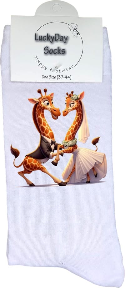 Giraffe - Trouwen - Grappige sokken - Valentijn cadeau - Verjaardag cadeau - Sint cadeau - Leuke sokken - Trouwpaar - Verliefd - Vrolijke sokken - Cadeautje - Grappig cadeau - Bruiloft - Kerstcadeau - Vaderdag - Moederdag - Socks maken Happy - 37-44