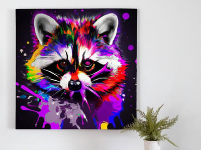 Rainbow splattered raccoon | Rainbow Splattered Raccoon | Kunst - 80x80 centimeter op Dibond | Foto op Dibond