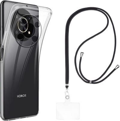 Set met hoesje en nekband voor honor magic 4 lite 5g - Flexibele, transparante TPU-bescherming, verstelbare universele nekband voor mobiele telefoons, zwarte nekband, transparante draagriem van Phonillico®