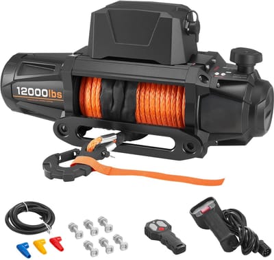 Elektrische Lier, Trekcapaciteit 5400 Kg, 12V DC Voertuiglier Met 9,5 mm X 28 m Synthetisch Touw, Dubbele Afstandsbedieningsopties, IP67 Waterbestendigheid voor Offroad, SUV's, Trailers en Boten