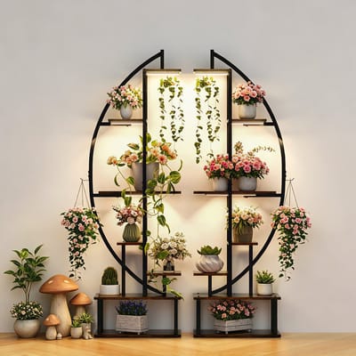 unho Luxe Plantenrek met Groeilamp - 14 Lagen & Interieur Sfeerverlichting - Industrieel Hout & Metaal - Inclusief Timer & Anti-kantelset - 100x26x165cm