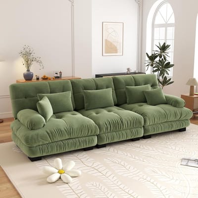3-zits Bank, Modulaire Hoekbank met Diepe Zitting, Chenille Slaapbank, Comfortabel Bekleed voor Woonkamer, Appartement, Studio, Kantoor, Chenille-Groente