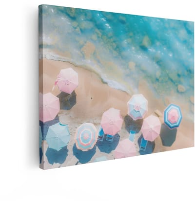 Artaza Canvas Schilderij Strand - 120x90 cm - Wanddecoratie Zee - Muurdecoratie Parasols - Decoratie Turquoise Water - Roze