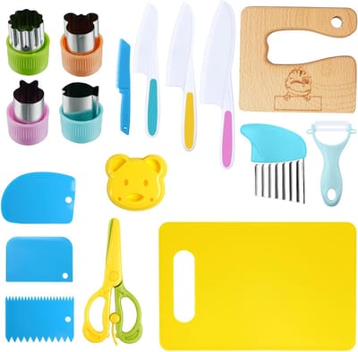 Veilig Kindermes Set voor Koken en Snijden - 17-delige Kindveilige Keuken Set met Houten Mes, Snijplank en Schiller - Perfecte Cadeaus voor Peuters en Kinderen