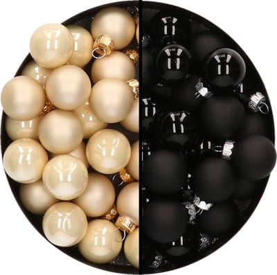 Mini kerstballen - 48x st - champagne en zwart - 2,5 cm - glas - kerstversiering