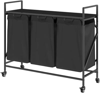 Wasmand met planken - Wasopberger - Kleding sorteren - Drie vakken met wielen - 99 x 33 x 82 cm