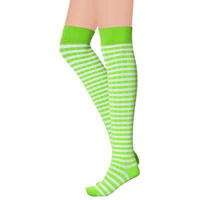 Apollo - Over kniekousen met strepen - Fluor groen-wit - Maat 36/41 - Kniekousen - Kniekousen carnaval - Kniekousen dames - Party - Feestartikelen