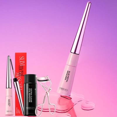 NEOGEN Make-up Cadeauset (Slanke Metalen Mascara 6 ml + Oogmake-up Verwijderaar 50 ml + Roze Metalen Wimperkruller) pink