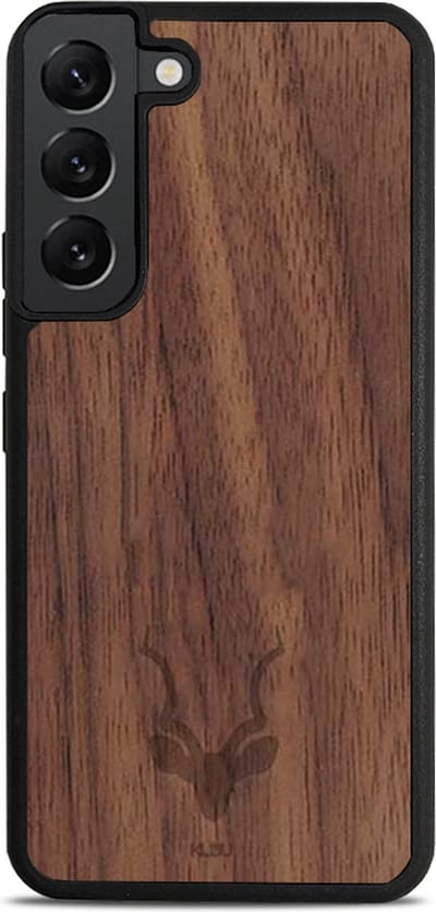 Kudu Samsung Galaxy S22 Plus hoesje case - Houten backcover - Handgemaakt en afgewerkt met duurzaam TPU - Walnoot - Zwart