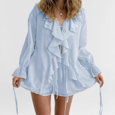 Lente en Zomer Nieuwe Dames Ruches Vetersluiting Casual Zak Shorts Set Tweedelige Set 3XL gray