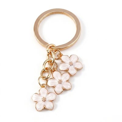 Goudkleurige bloemen sleutelhanger metalen sleutelhanger dames met witte sakura hanger set van drie bloemen, decoratieve keychain met ronde sleutelring voor sleutels en tas