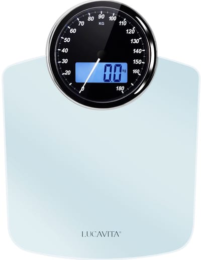 LUCAVITA® Weegschaal Personenweegschaal - Analoge Weegschaal - Weegschaal Analoog - Digitale Weegschaal Personen - Personenweegschaal Beste Koop - Precisie Weegschaal - Dual Display Retro met Meetlint