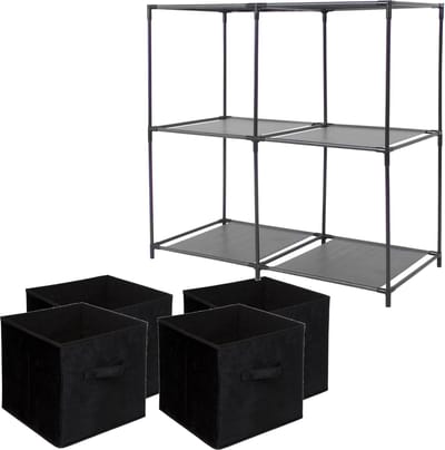 5Five Kastmandjes/opberg manden - zwart - 4x van 29 Liter - Metalen rekje is 68 x 70 cm