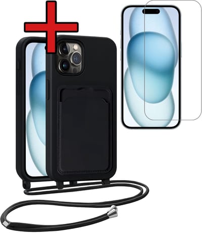 Hoesje Geschikt voor iPhone 14 Pro Hoesje Met Telefoonkoord en Pasjeshouder Met Screenprotector Siliconen - Hoes Geschikt voor iPhone 14 Pro Hoesje Met Kaarthouder Case - Zwart