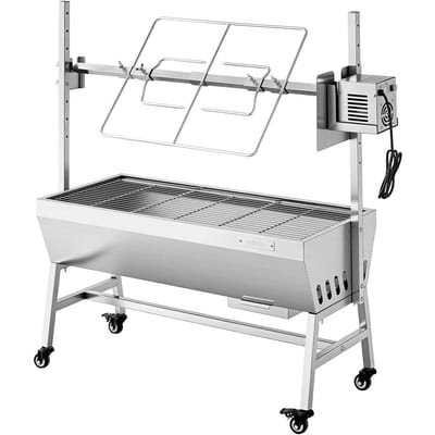 Draaispit Grill, 38W BBQ Buiten Varken & Lam Spitbraader, Houtskool Spitbraader met 60 kg Capaciteit, Wielen & 7-Niveaus Hoogte, Roestvrij Staal
