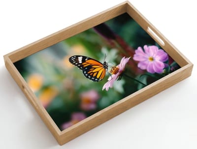 Dienblad hout 50x35 cm - Schootdienblad - Roze bloemen - Vlinder - Zachte focus - Borrelplank rechthoek - Plateau dienbladen