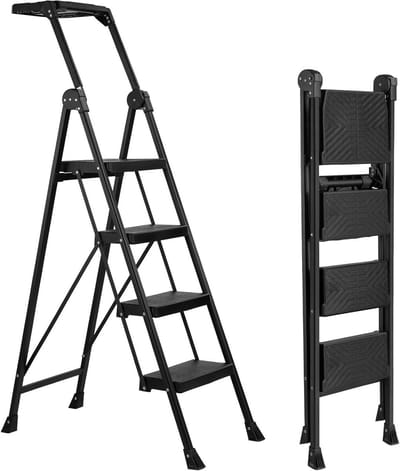 Stevige Vouwladder - Huishoudtrap Keukentrap - Veilig Klussen - Met Gereedschapsbak - 4 Treden - Zwart