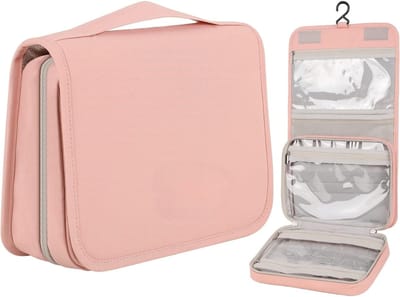 Famanu – Toilettas Om Op Te Hangen - Toilettas - Waterdicht - Make-uptas Voor Op Reis - Make-uptas met 3 compartimenten - Opvouwbaar - Compact Formaat Voor heren - Dames - Kinderen - Meisjes(Roze)