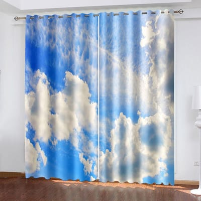 Blue Sky And White Clouds Series Goedkope Zonwering Gordijnen Woonkamer Slaapkamer Huisdecoratie 2 Stuks Haken Perforatiegaten 100W130H(CM)40x51in&Hook