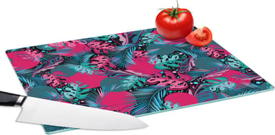 Glazen Snijplank - 39x28 - Bladeren - Hawaii - Design - Roze - Blauw - Snijplanken Glas