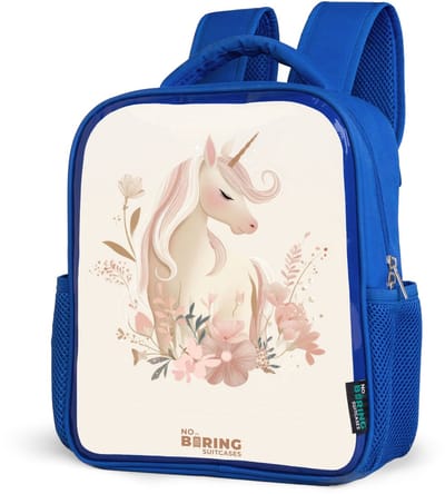 NoBoringSuitcases.com® - Rugzak blauw - Schooltas jongens - Eenhoorn tussen bloemen in roze pastel kleuren - Kinder rugtas jongen - Boekentas kind - Kinderrugzak voor school - Schoolrugzak