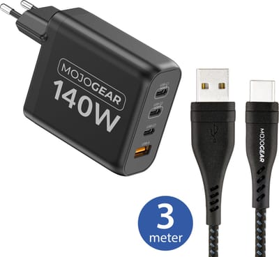 MOJOGEAR CHARGE+ 140 Watt oplader met USB naar USB-C kabel 3 meter