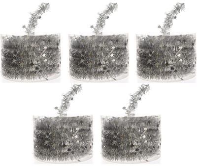 Decoris Kerstslinger - 5x - guirlande - met sterren - zilver - glanzende lametta - 700 cm