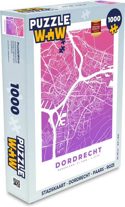 Puzzel Stadskaart - Dordrecht - Paars - Roze - Legpuzzel - Puzzel 1000 stukjes volwassenen - Plattegrond