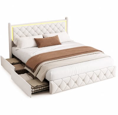 Innovastore Bed - Gestoffeerd bed - Tweepersoonsbed - Tweepersoonsbedframe - Opbergbed - 160x200cm - Fluweel - LED - USB - Beige