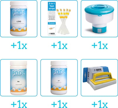 Zwembad Onderhoudspakket - Onderhoud Zwembad - bevat Chloor - Testrips - Chloordrijver - PH-min - PH-plus en Scrubborstel (6-delig)