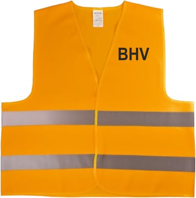 Hesje BHV fluor oranje met reflectiestrepen bedrukt aan voor en achterzijde met BHV van Shirtmakelaar