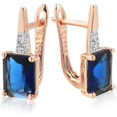 Boucles d'Oreilles Anglaises Carrées Bleues Brillantes en Zircon Naturel pour Femmes Or Rose Mixé Bijoux de Mariage Fête Quotidienne de Luxe beige